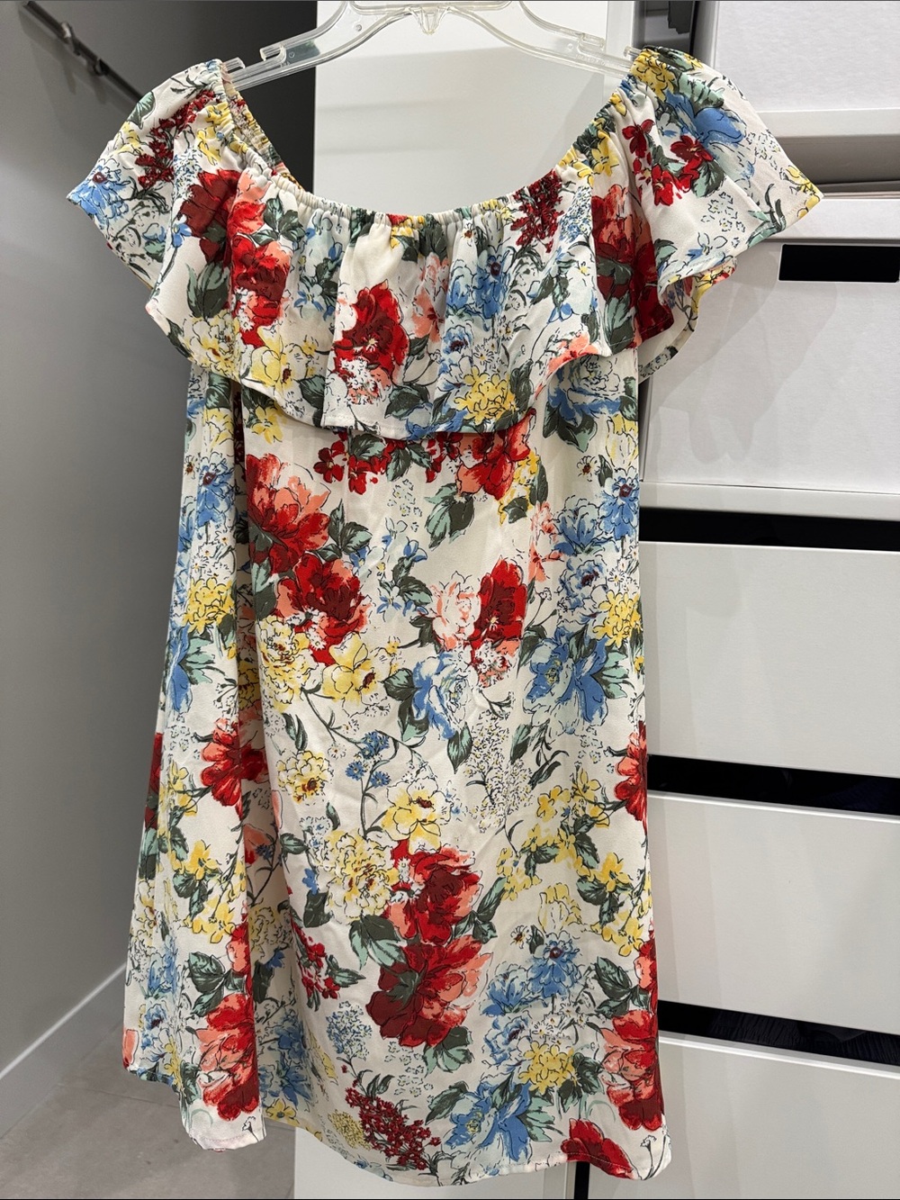 Abercrombie & Fitch Floral Off-Shoulder Mini Dress - Red, Blue, Yellow on Cream